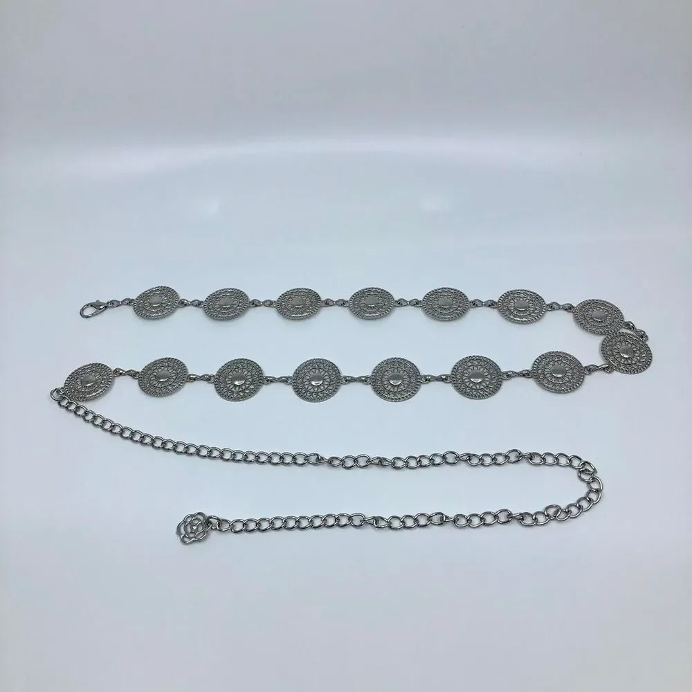 Vintage Y2K Boho Silver Mandala Circle Chain Belt, Fits 26.5–46 Inches, X7GA1166